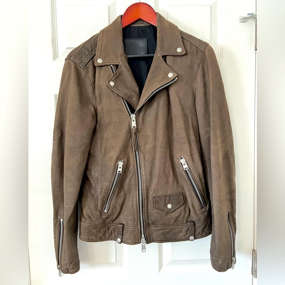 AllSaints men’s taupe Milo Biker jacket
